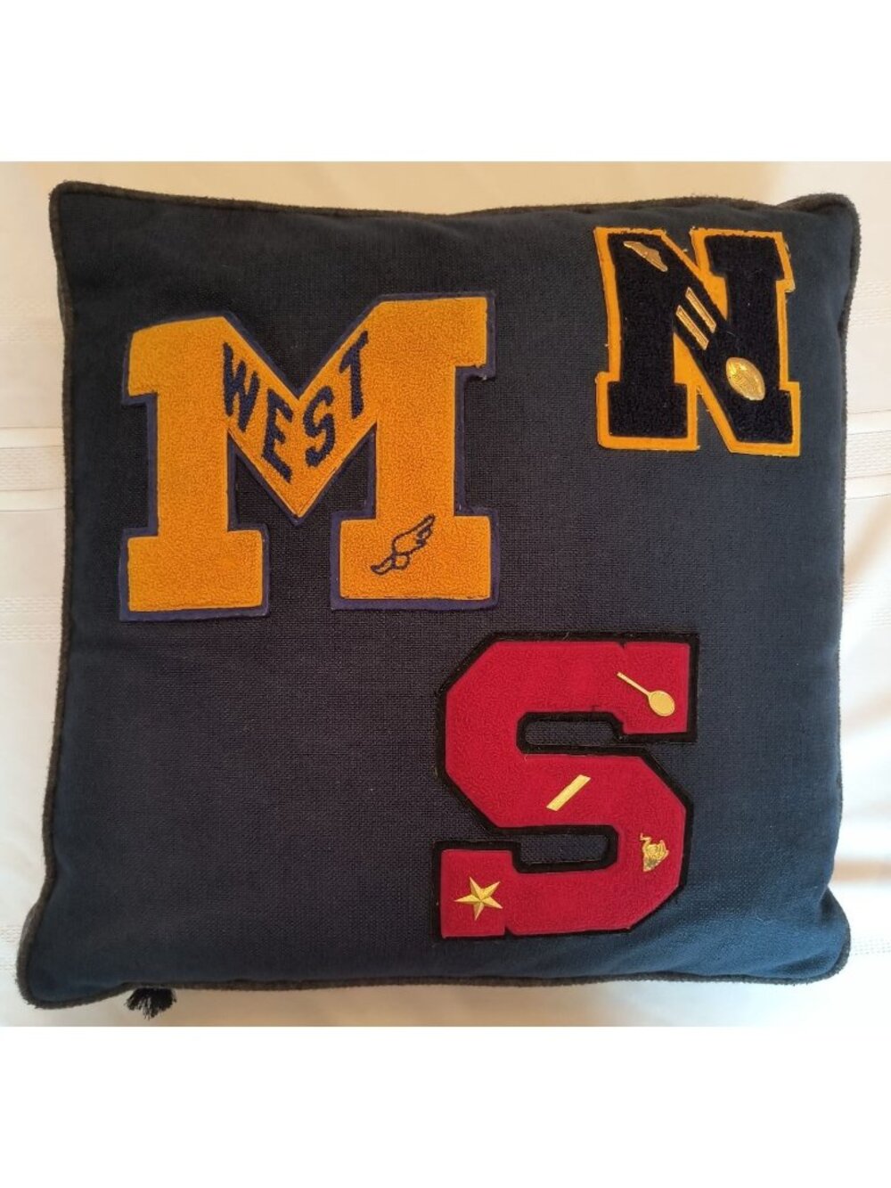Varsity Letter Patch Throw Pillow With Felt Trim Tassels Vintage Collegiate Deco